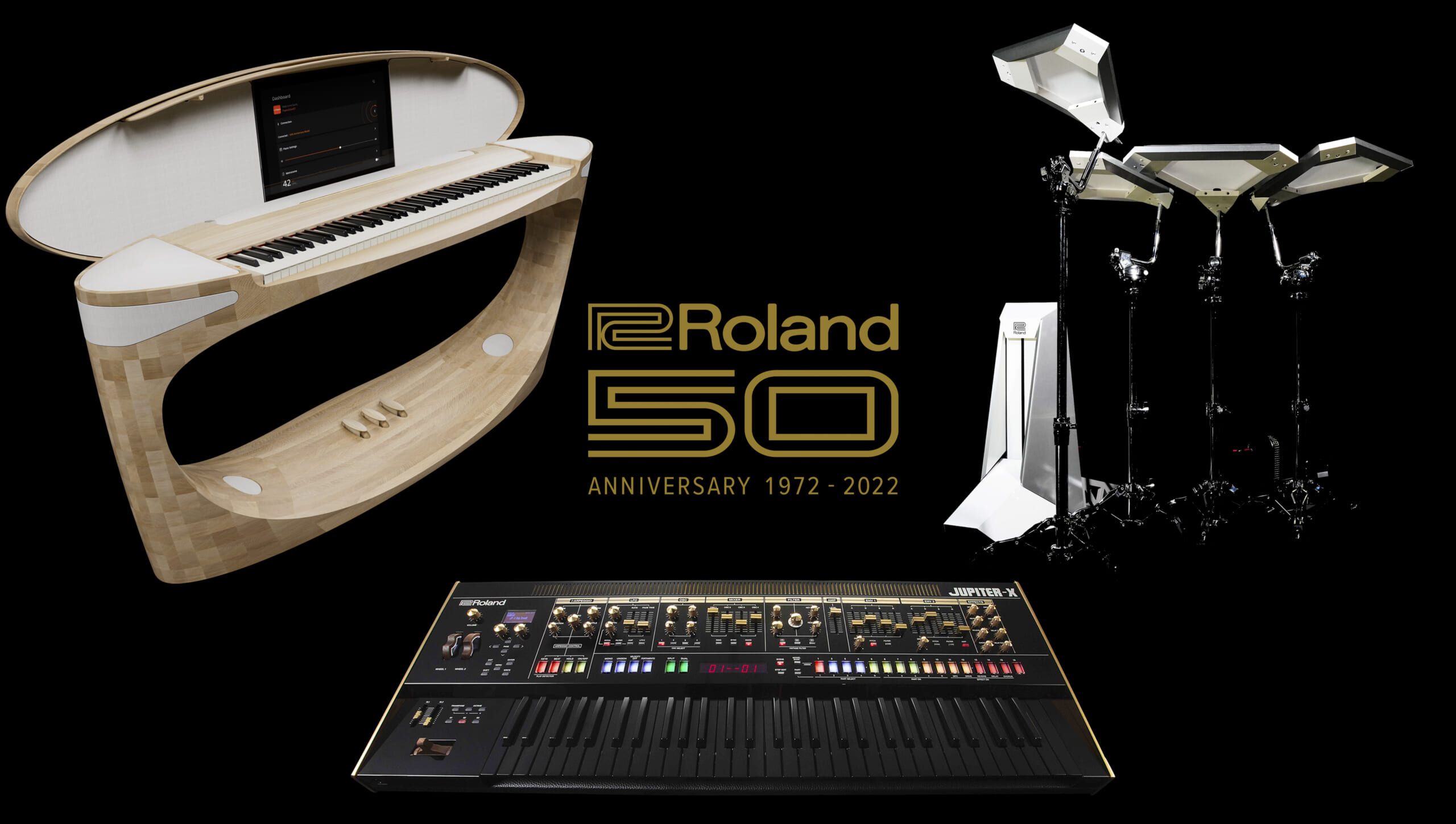 Rolandが創業50年を記念した電子ドラム、電子ピアノ、シンセサイザーの